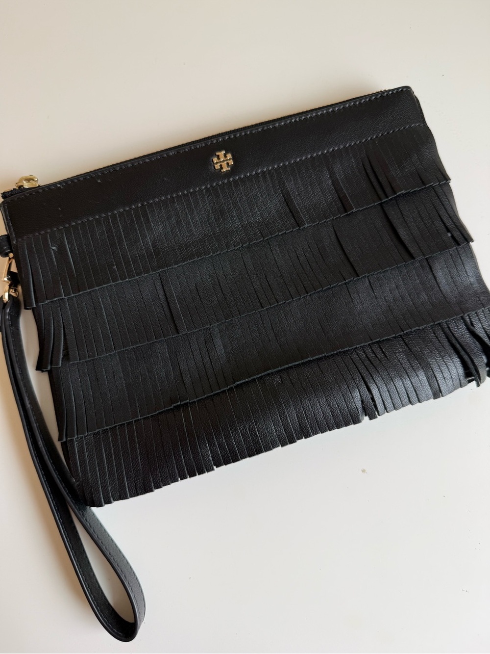 Tory Burch Black Fringe Leather Wristlet with Gold Logo